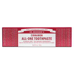 DRB072 | Dr. Bronner's Cinnamon All-One Toothpaste box front panel, fluoride-free, 70% organic ingredients, Net Wt 5 oz/140 g