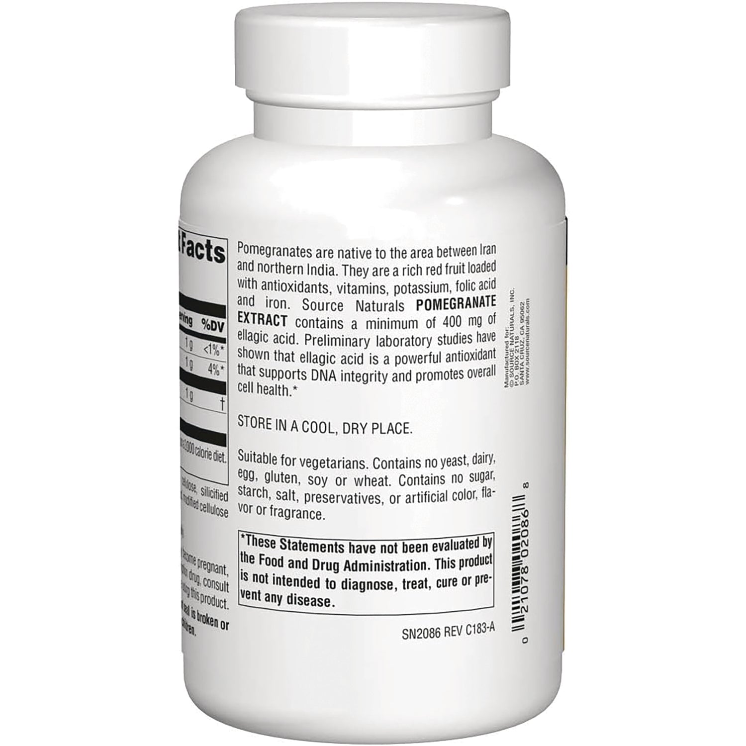SN824 | Back label with supplement facts, pomegranate extract details, storage directions, and FDA disclaimer