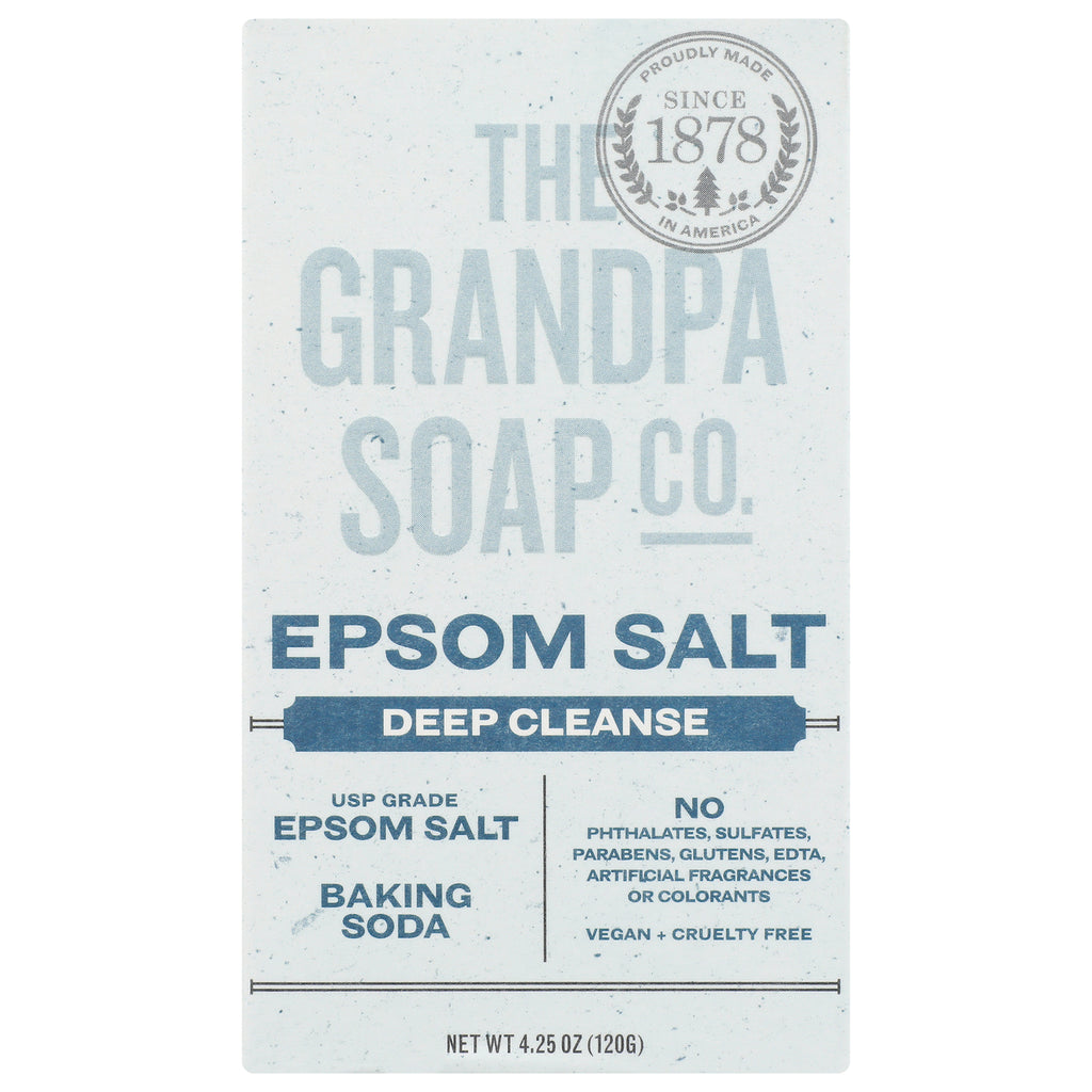 Grandpa Soap Co. Epsom Salt deep cleanse front label showing USP grade Epsom salt, baking soda, vegan + cruelty free, net wt 4.25 oz - Thumbnail