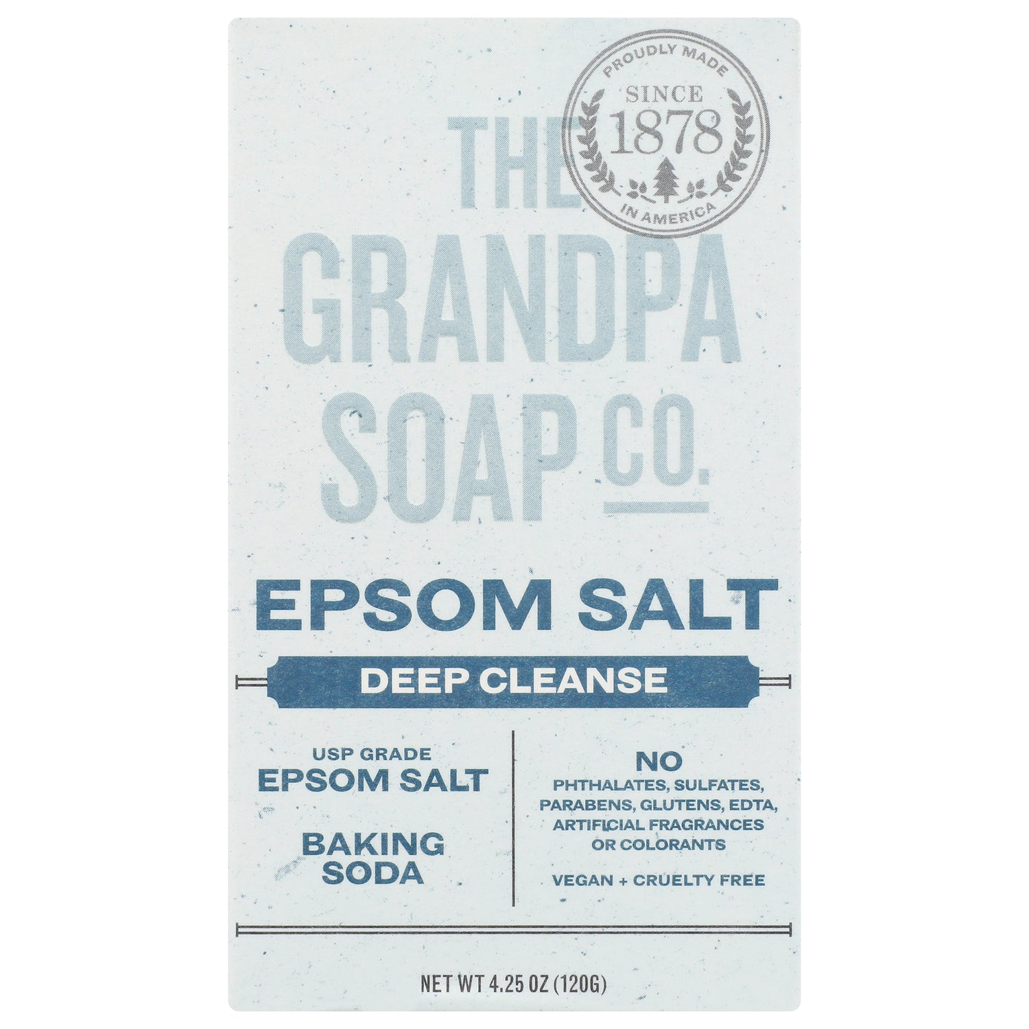 Grandpa Soap Co. Epsom Salt deep cleanse front label showing USP grade Epsom salt, baking soda, vegan + cruelty free, net wt 4.25 oz
