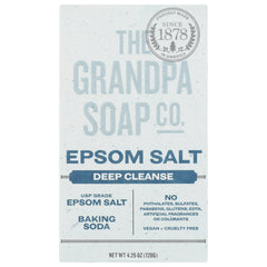 Grandpa Soap Co. Epsom Salt deep cleanse front label showing USP grade Epsom salt, baking soda, vegan + cruelty free, net wt 4.25 oz