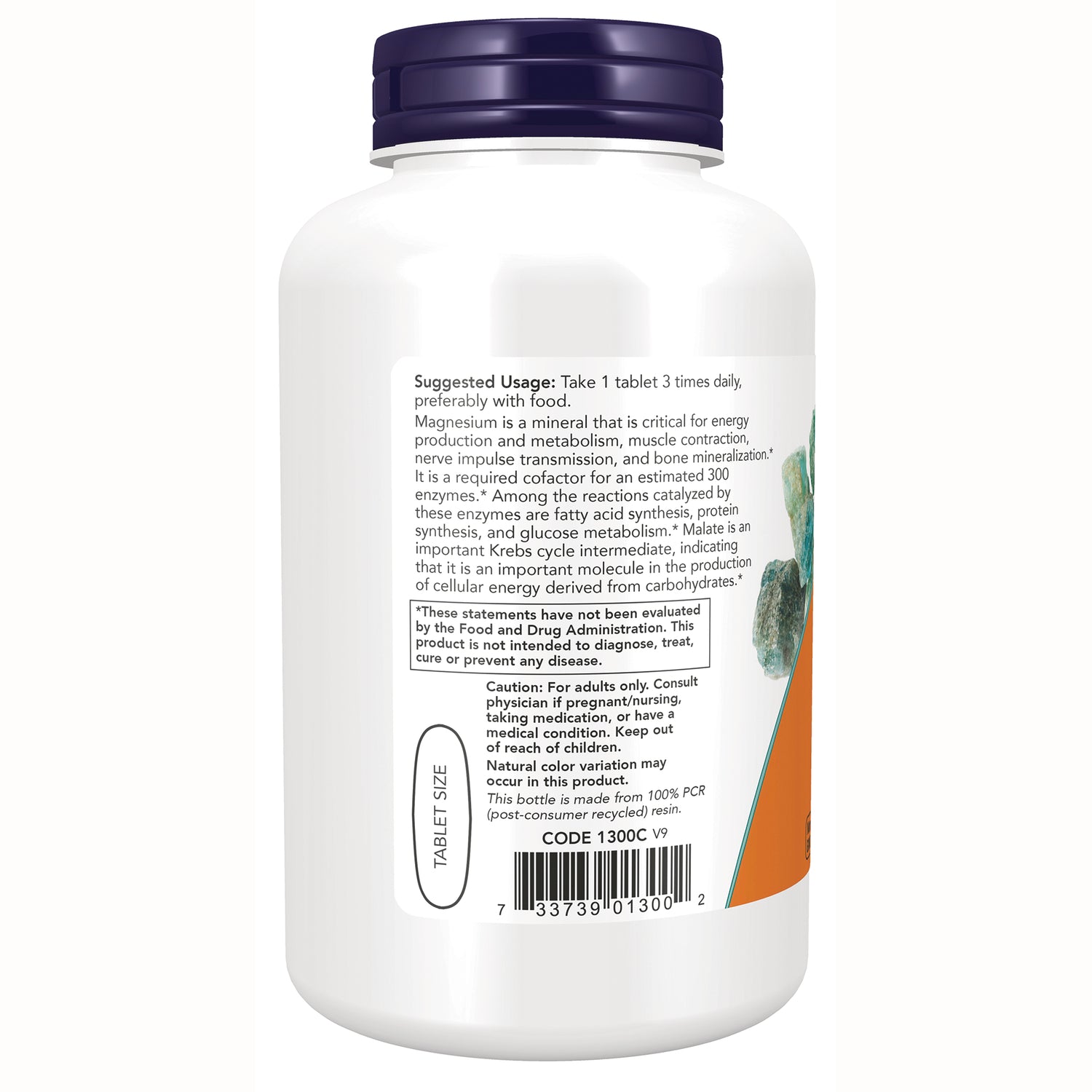 NWF771 | Back of white supplement bottle showing suggested usage text, caution box, tablet size oval and barcode