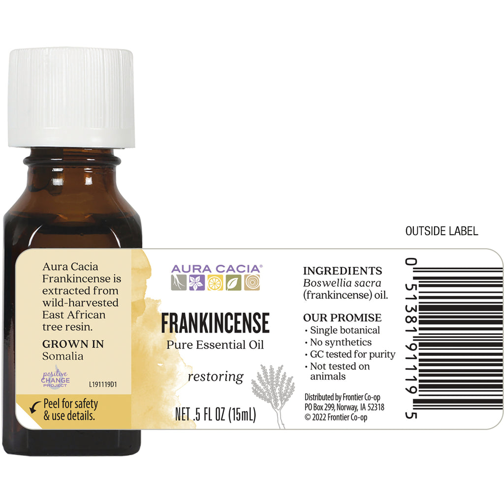 Brown bottle back label reading FRANKINCENSE Pure Essential Oil restoring, ingredients, barcode, NET .5 FL OZ (15 mL) - Thumbnail