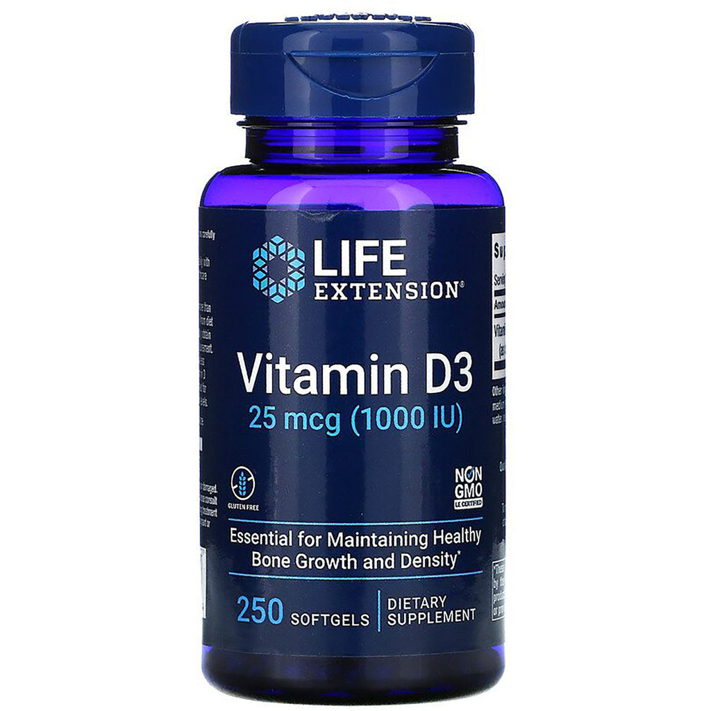 LE201 | Life Extension Vitamin D3 25 mcg (1000 IU) blue bottle, 250 softgels dietary supplement - Thumbnail
