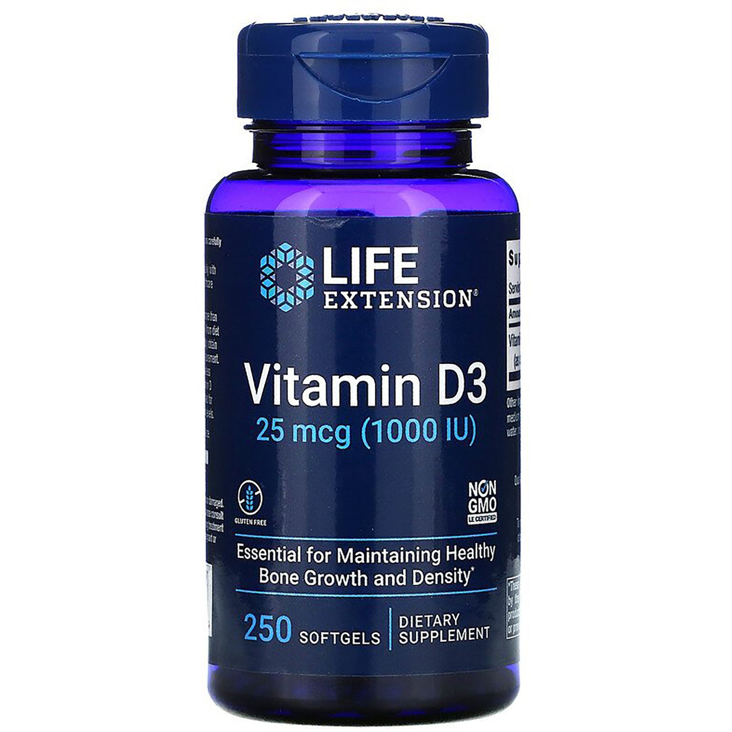 LE201 | Life Extension Vitamin D3 25 mcg (1000 IU) blue bottle, 250 softgels dietary supplement