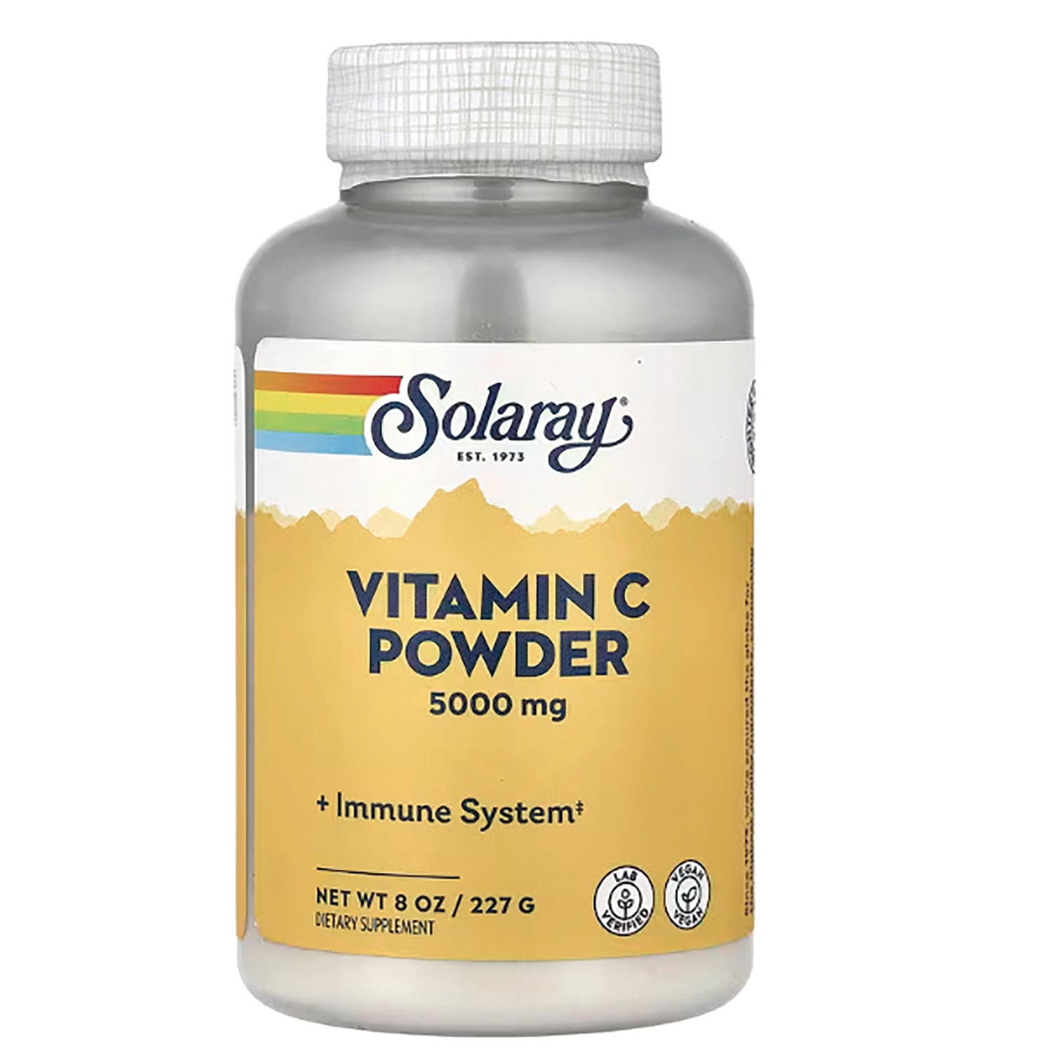 SLR422 | Solaray Vitamin C Powder 5000 mg in a yellow-labeled supplement bottle