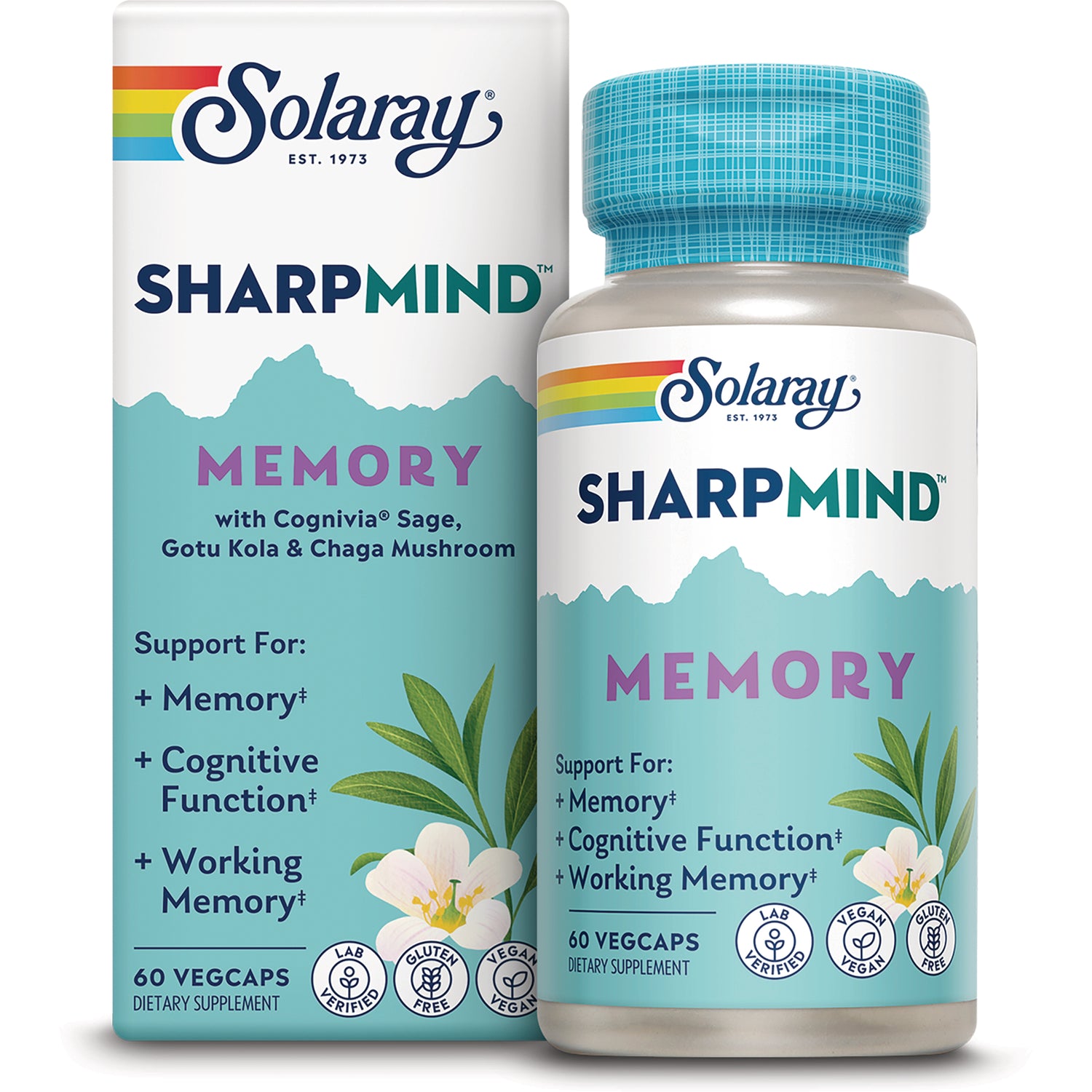 SLR526 | Solaray SharpMind Memory supplement bottle and box showing 60 vegcaps and cognitive support claims