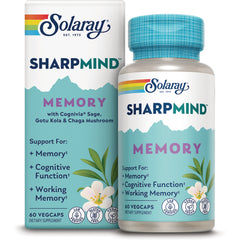 SLR526 | Solaray SharpMind Memory supplement bottle and box showing 60 vegcaps and cognitive support claims