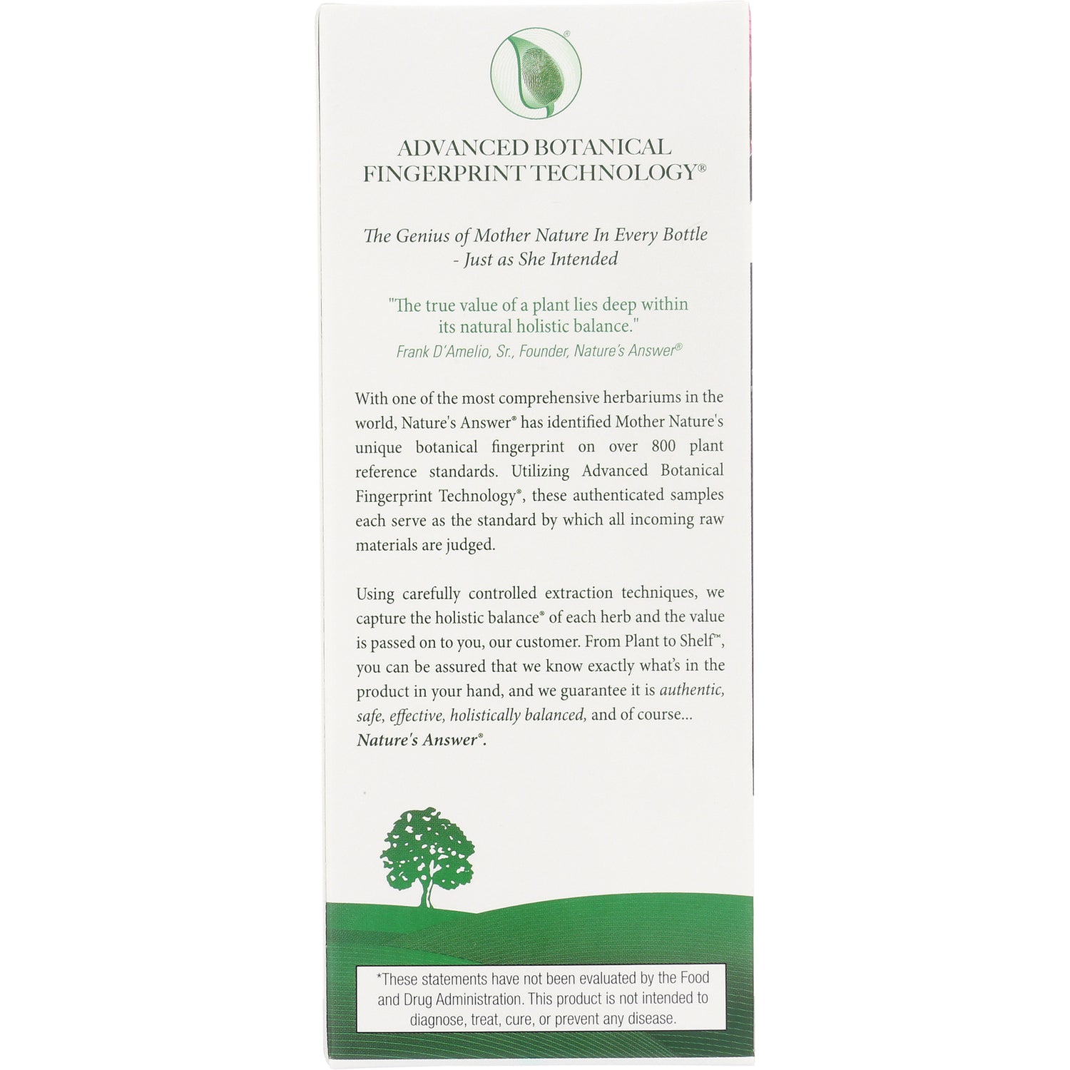NAT121 | Product infographic panel titled Advanced Botanical Fingerprint Technology with paragraph text, green tree graphic and FDA disclaimer