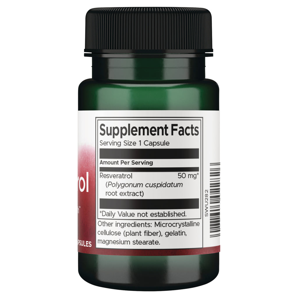 SWU282 | Supplement Facts panel showing resveratrol 50 mg per 1 capsule, other ingredients, and barcode - Thumbnail