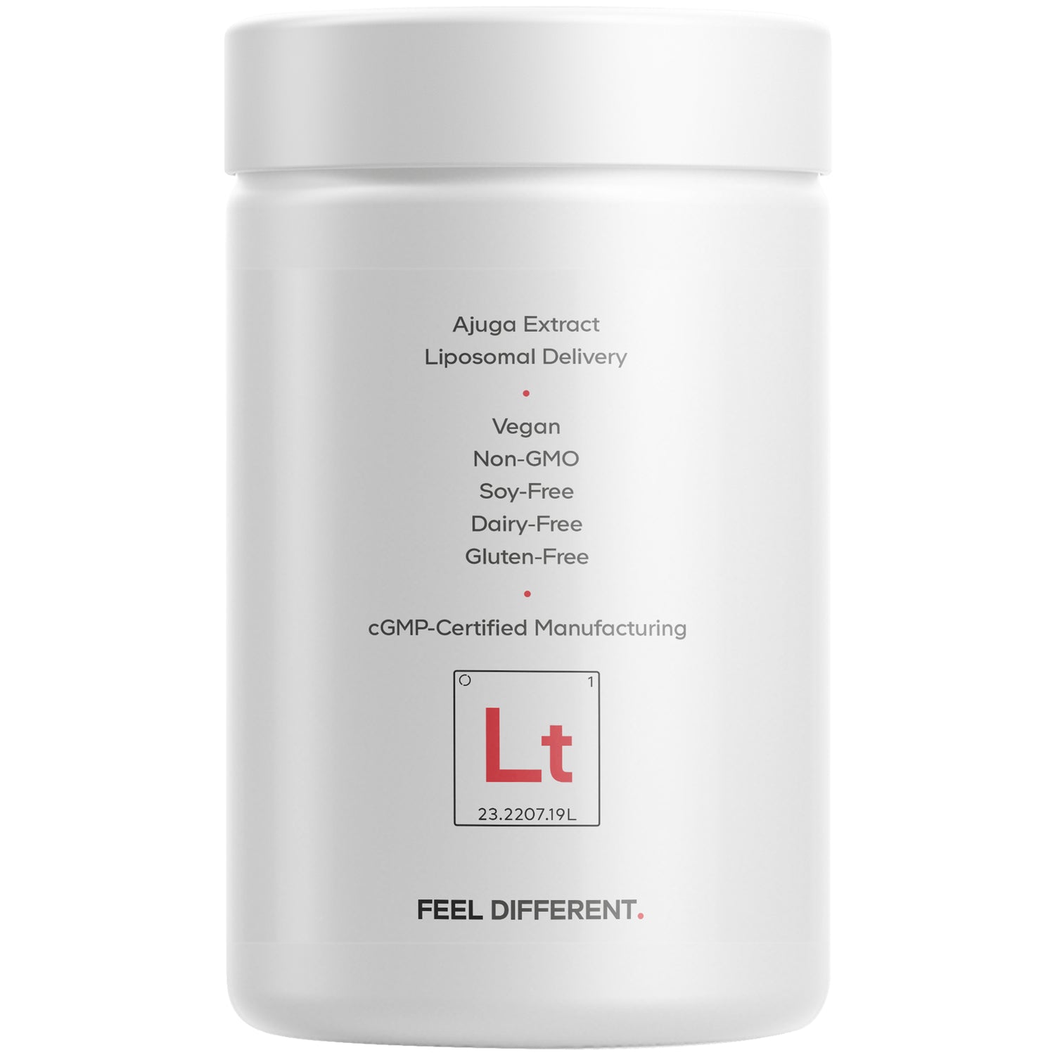 CDG008 | Back of white supplement jar listing Ajuga Extract, Essential Phospholipids, Vegan, Non-GMO, Soy-Free, Dairy-Free, Gluten-Free, cGMP Certified Manufacturing