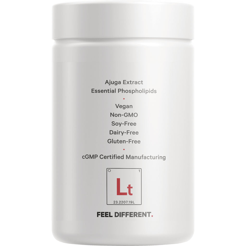 CDG008 | Back of white supplement jar listing Ajuga Extract, Essential Phospholipids, Vegan, Non-GMO, Soy-Free, Dairy-Free, Gluten-Free, cGMP Certified Manufacturing - Thumbnail