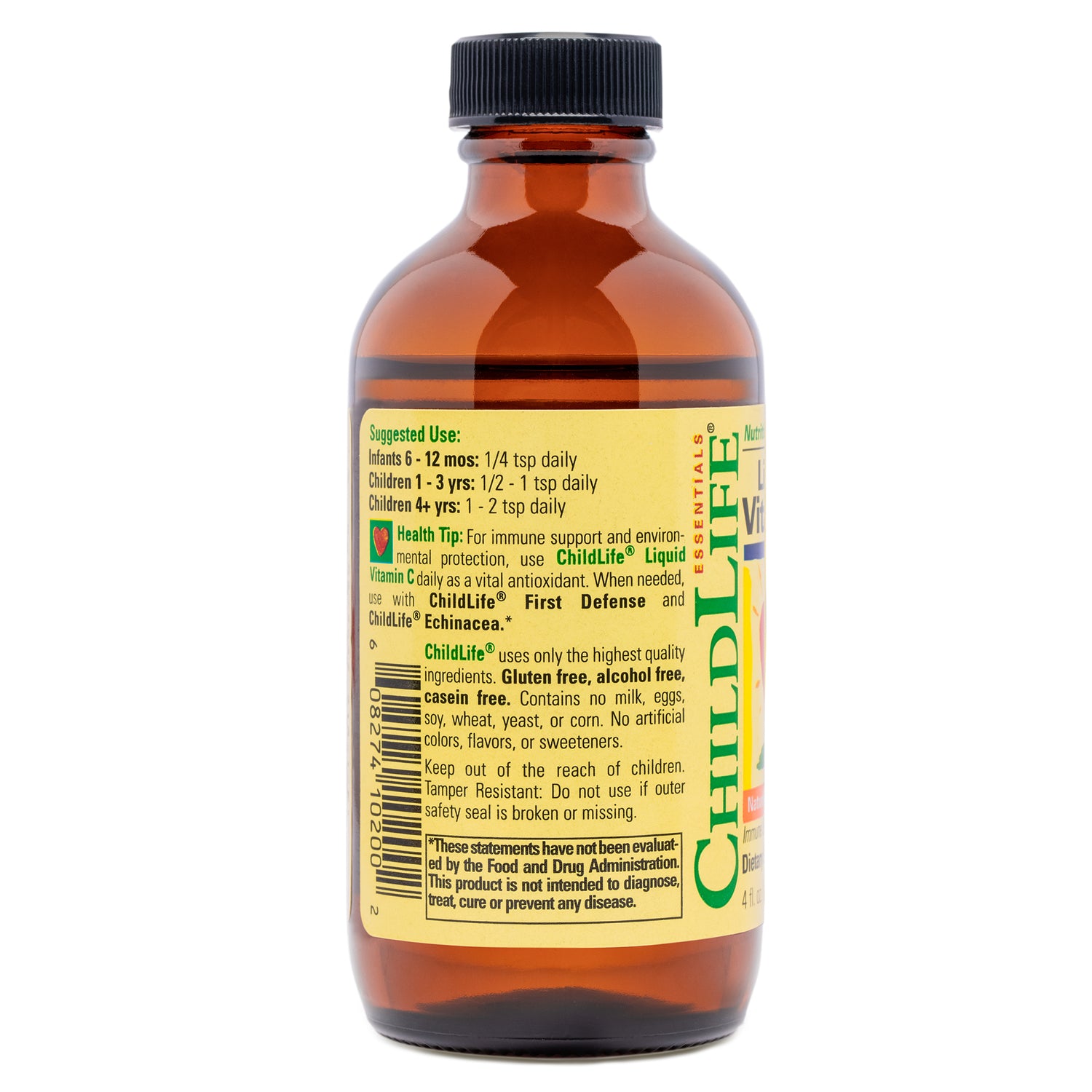 CHL004 | Back of amber supplement bottle showing Supplement Facts panel, suggested use text and barcode