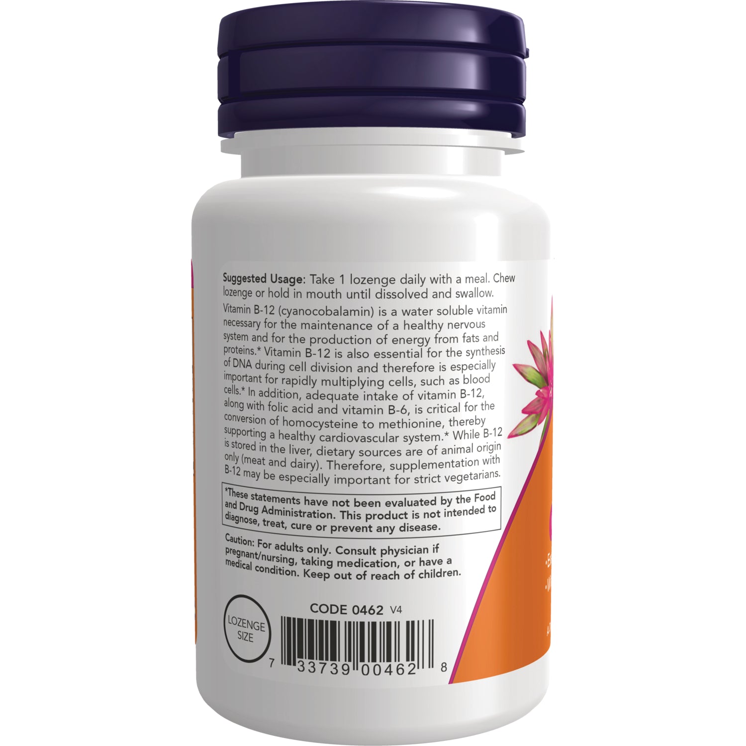 NWF365 | back label of white supplement bottle showing suggested usage instructions, caution, barcode and lozenge size