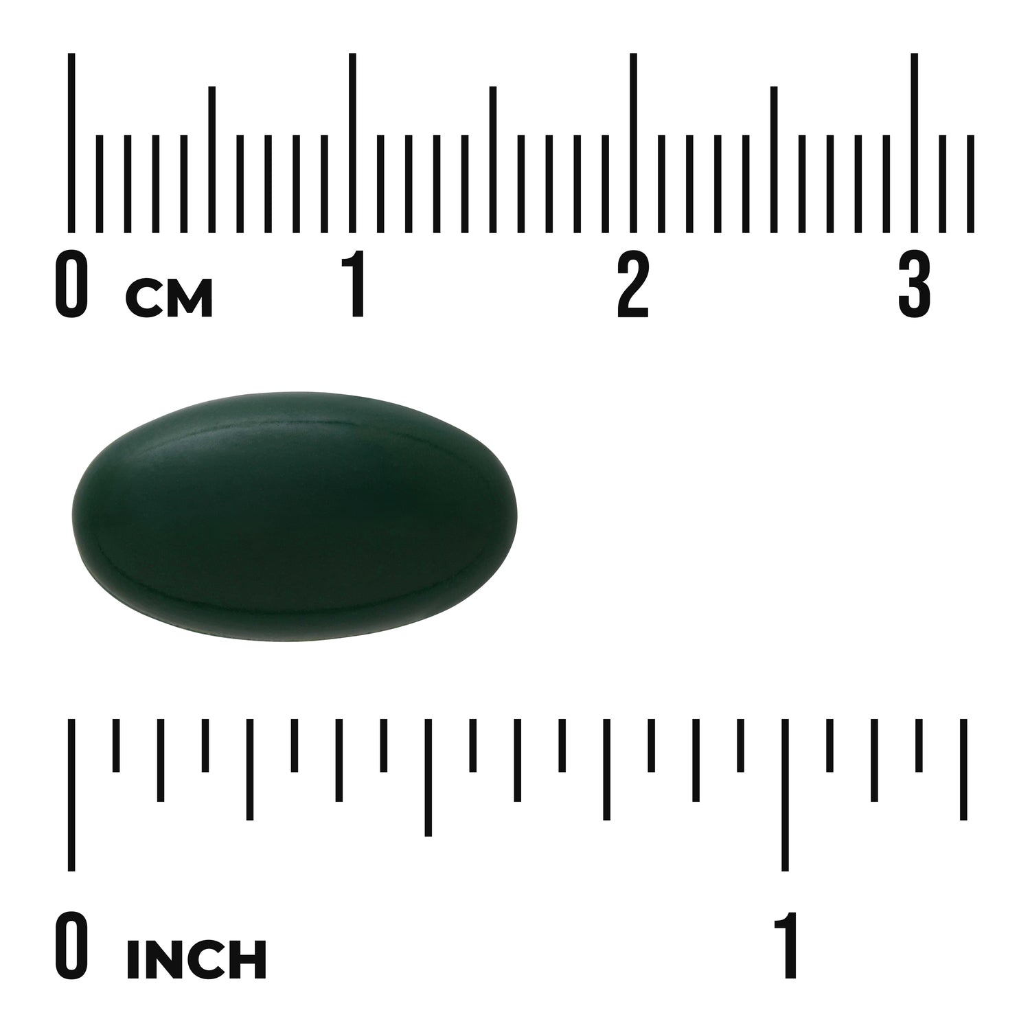 SWU236 | Dark green oval softgel shown with cm and inch rulers for size