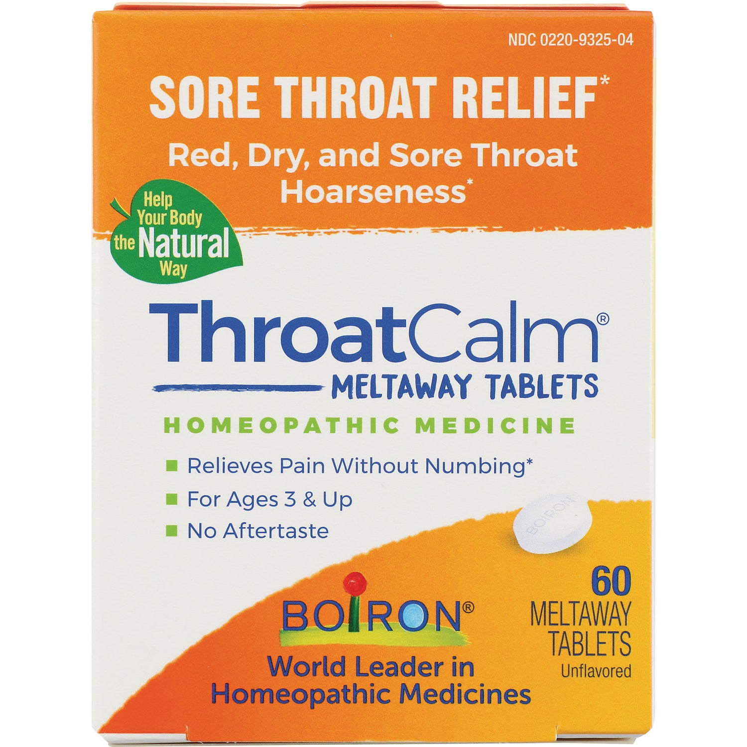 BRN114 | Front of ThroatCalm meltaway tablets box reading Sore Throat Relief and Homeopathic Medicine, 60 tablets