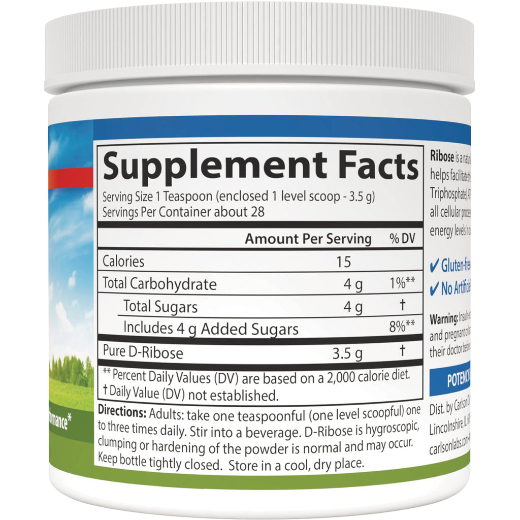 CSN141 | Back label showing Supplement Facts panel with serving size, calories, Pure D-Ribose 3.5 g and usage directions - Thumbnail