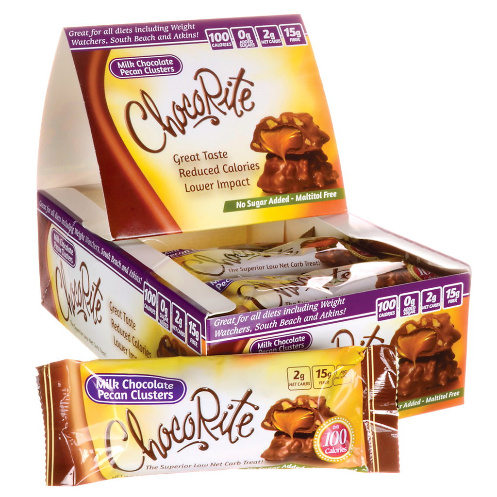 CHR003 | ChocoRite box and wrapped bar of Milk Chocolate Pecan Clusters showing packaging and nutrition badges - Thumbnail
