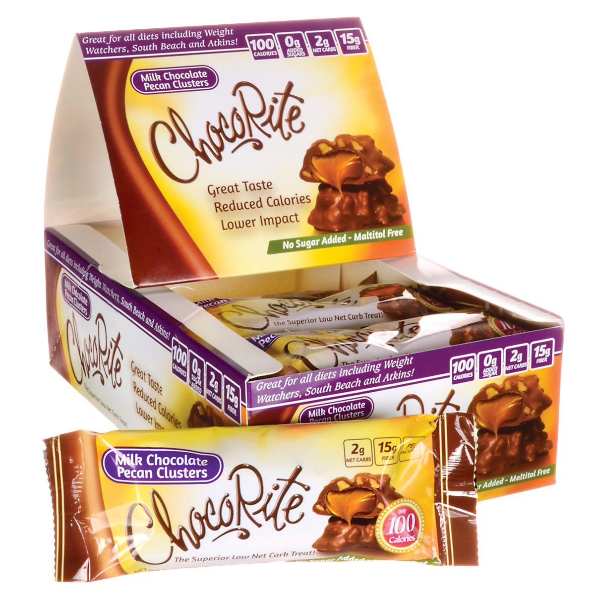 CHR003 | ChocoRite box and wrapped bar of Milk Chocolate Pecan Clusters showing packaging and nutrition badges