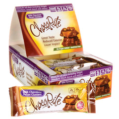 CHR003 | ChocoRite box and wrapped bar of Milk Chocolate Pecan Clusters showing packaging and nutrition badges