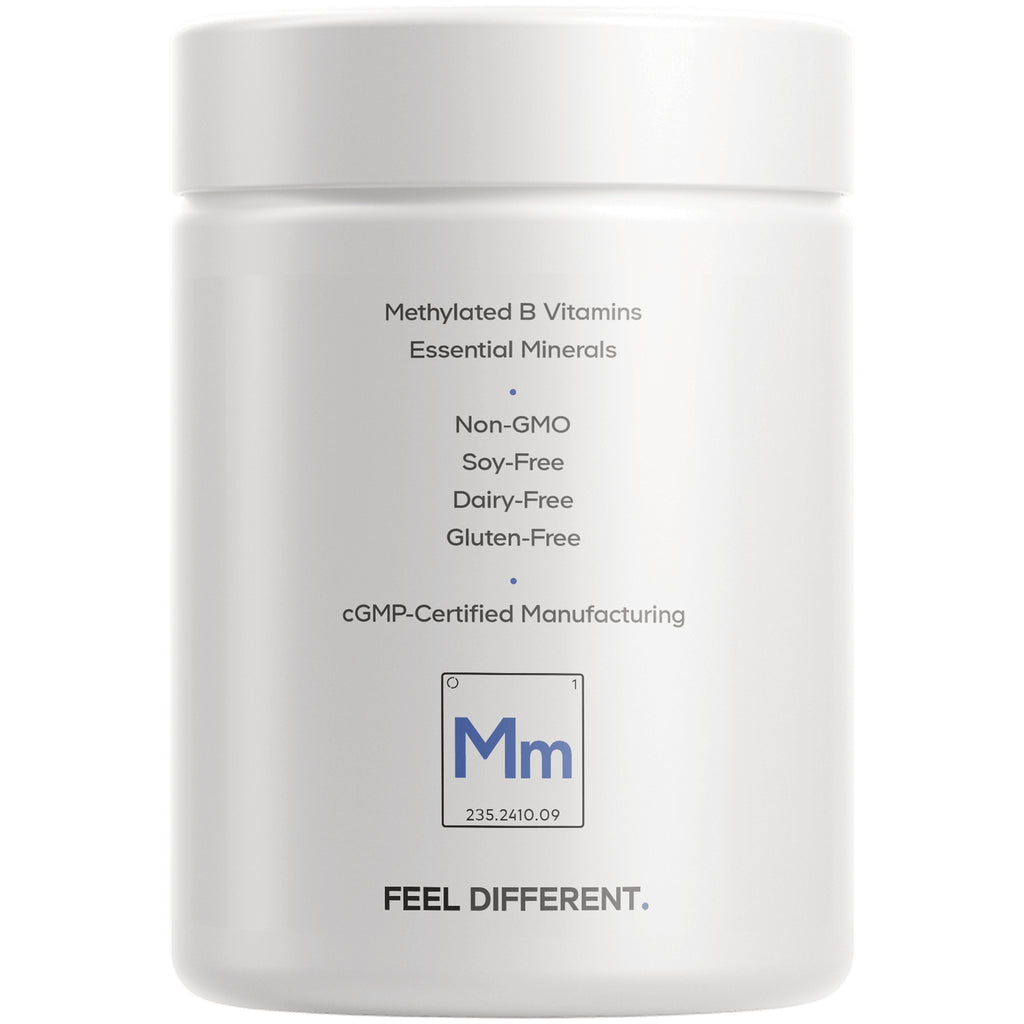 CDG042 | back label of white supplement jar listing Methylated B Vitamins, Non-GMO, soy-free, dairy-free, gluten-free, cGMP-Certified Manufacturing - Thumbnail