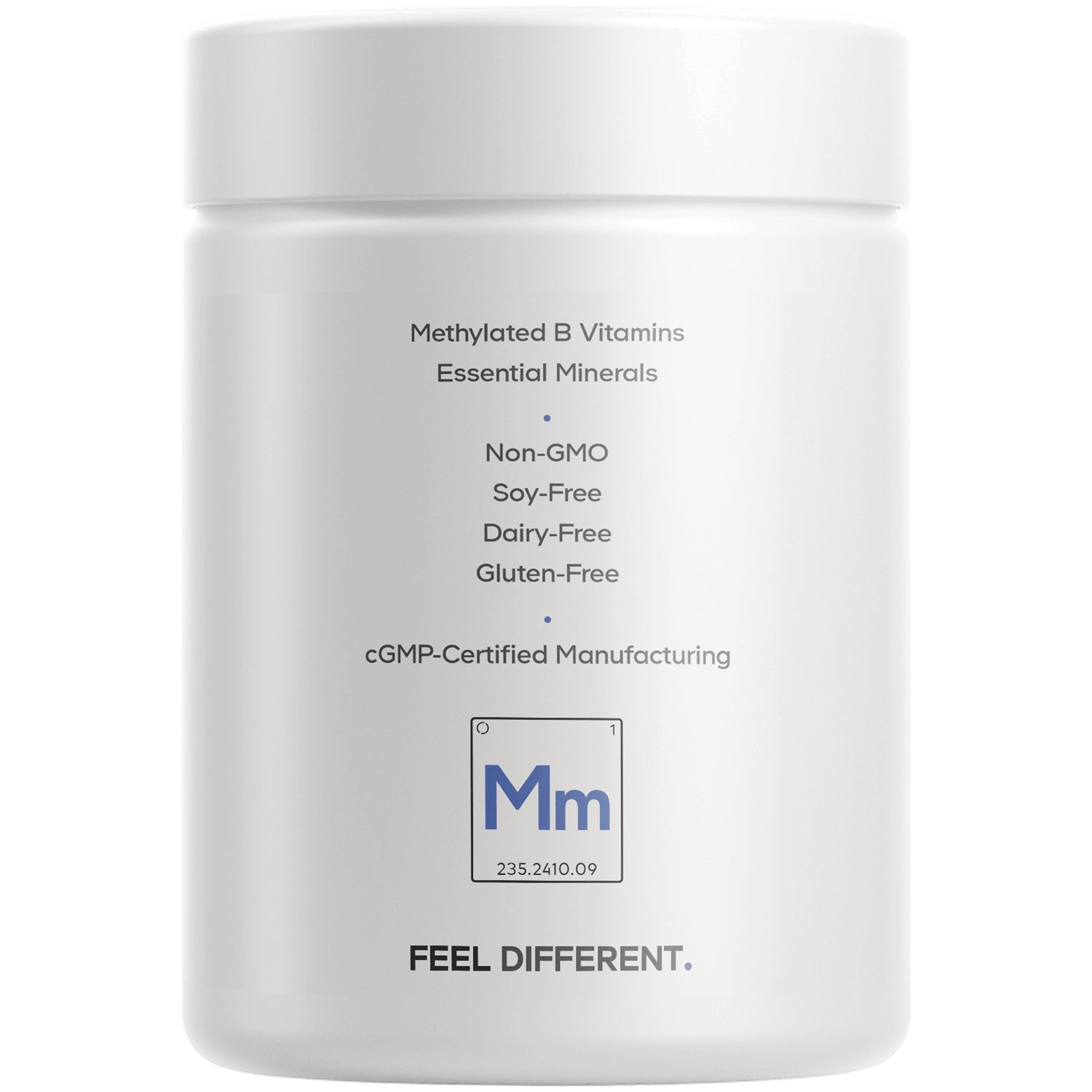 CDG042 | back label of white supplement jar listing Methylated B Vitamins, Non-GMO, soy-free, dairy-free, gluten-free, cGMP-Certified Manufacturing