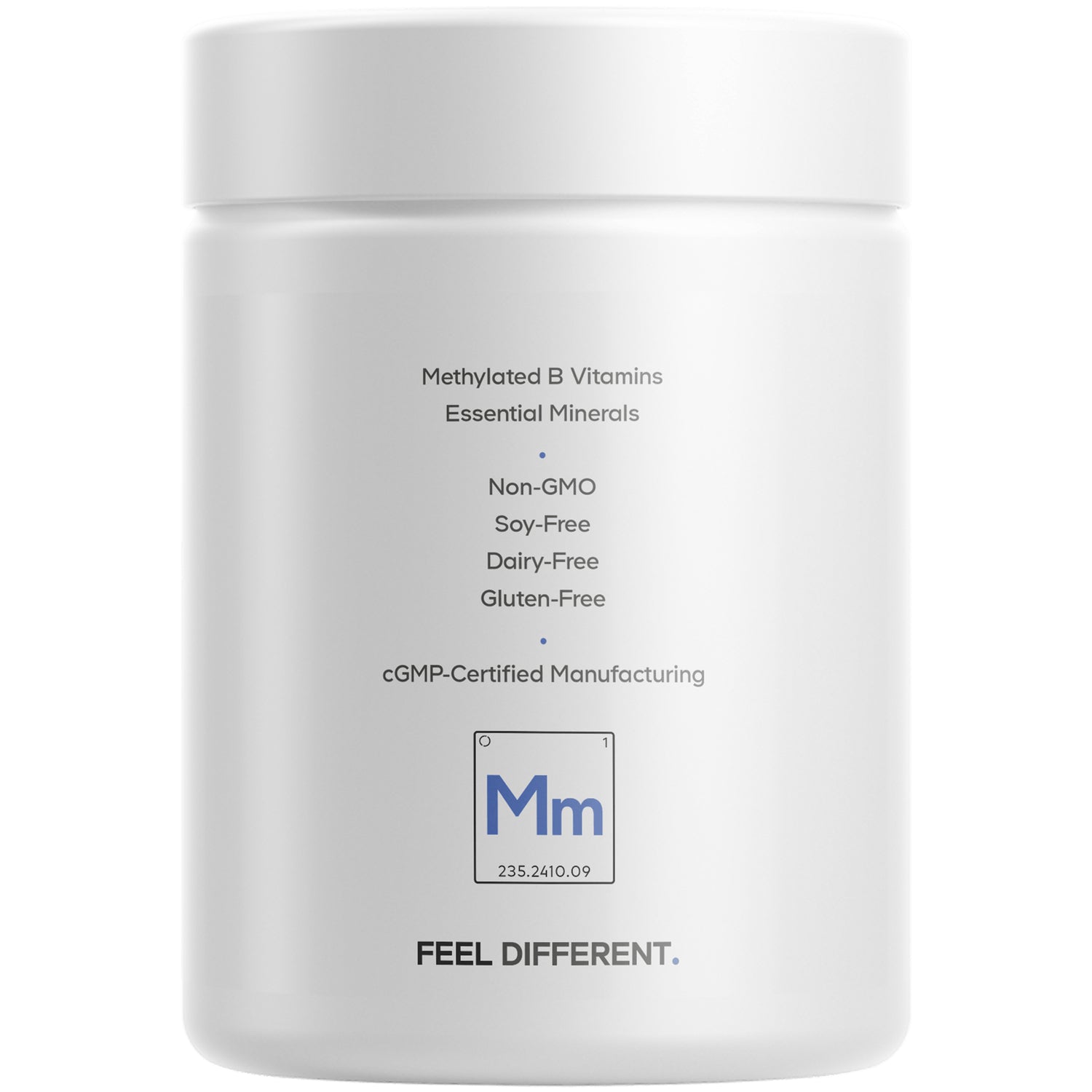 CDG042 | back label of white supplement jar listing Methylated B Vitamins, Non-GMO, soy-free, dairy-free, gluten-free, cGMP-Certified Manufacturing