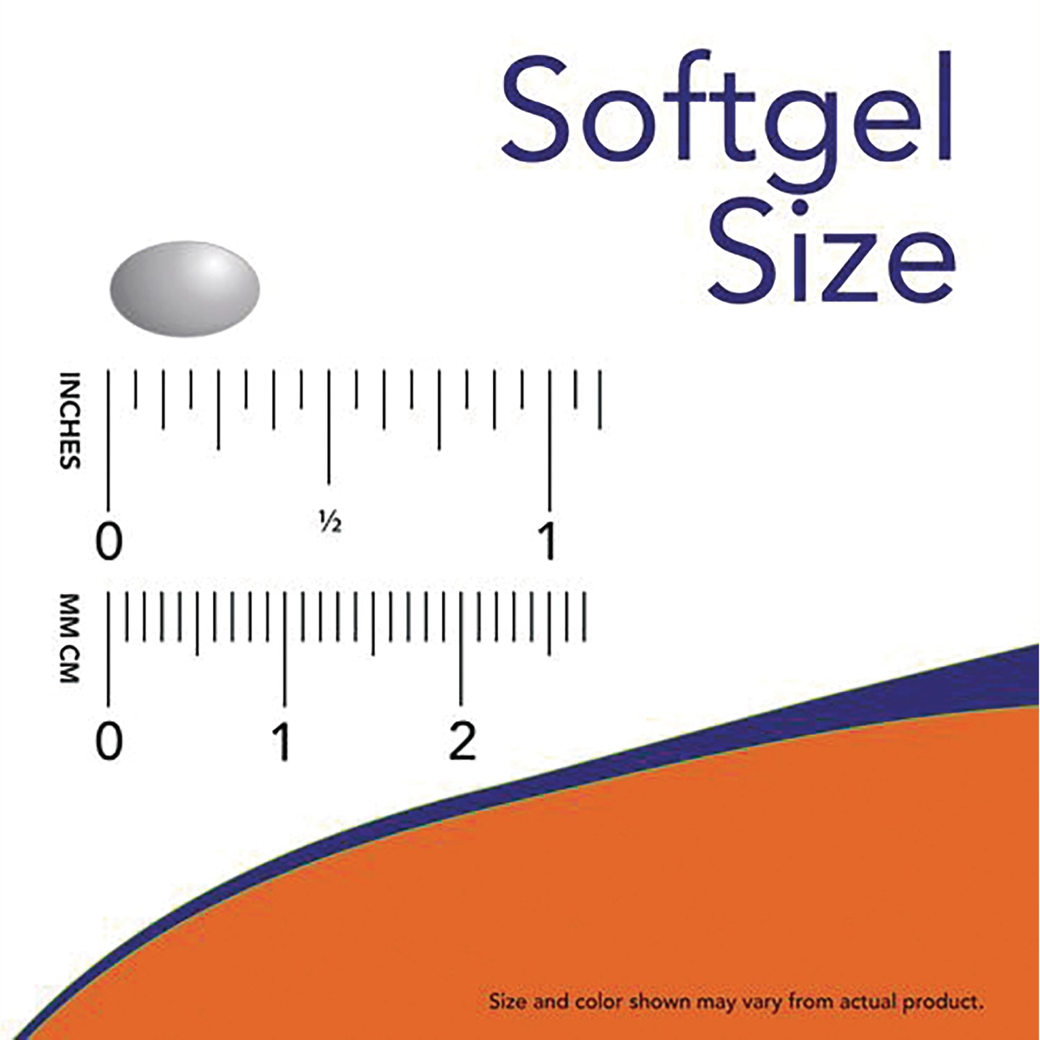 NWF514 | Softgel Size chart showing one gray softgel and inch and mm rulers