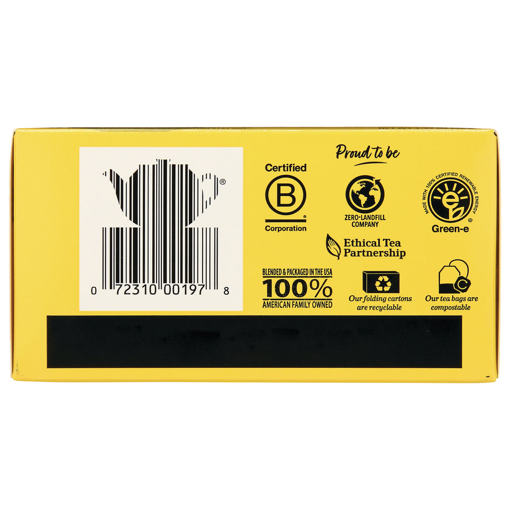 BGT010 | yellow product infographic panel with teapot-shaped barcode, certification icons and recycling and compostable labels - Thumbnail