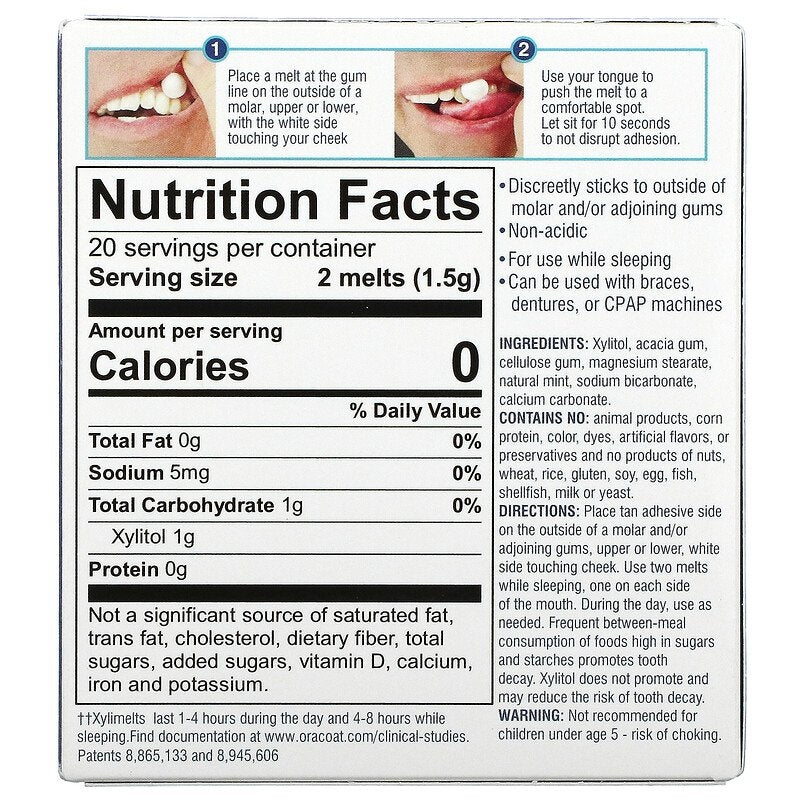 ORA001 | Nutrition Facts panel showing serving size 2 melts, 0 calories, ingredients and usage directions on back of package - Thumbnail