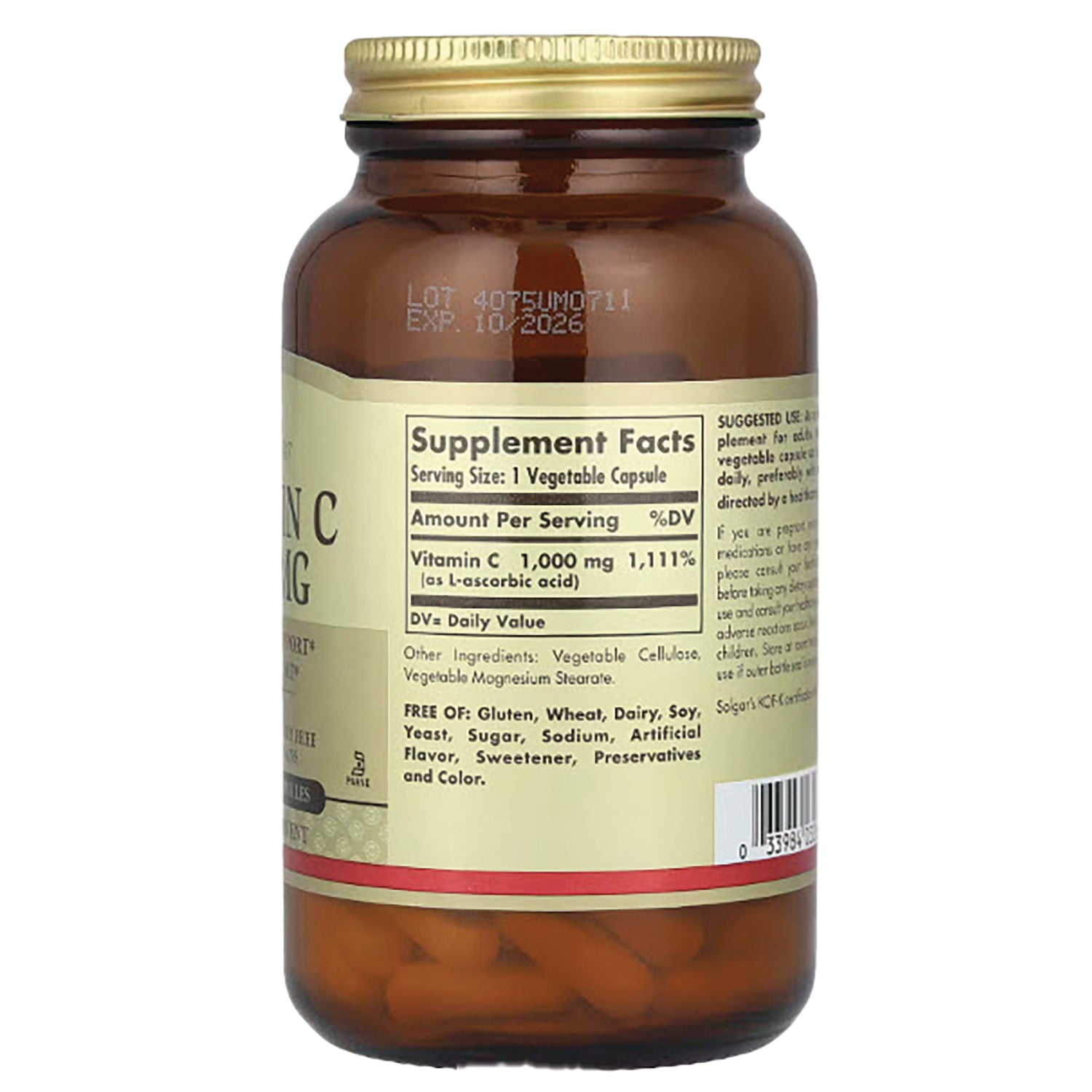 Amber bottle back showing Supplement Facts label listing Vitamin C 1,000 mg and capsules visible