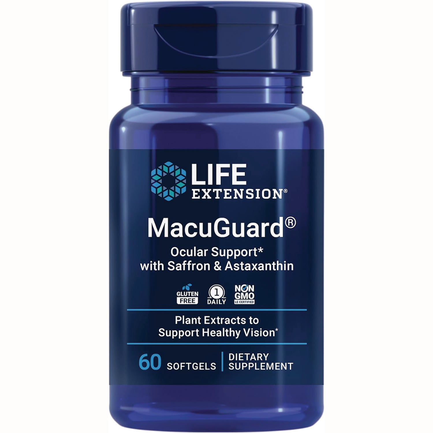LE400 | Life Extension MacuGuard bottle, ocular support with saffron & astaxanthin, 60 softgels dietary supplement
