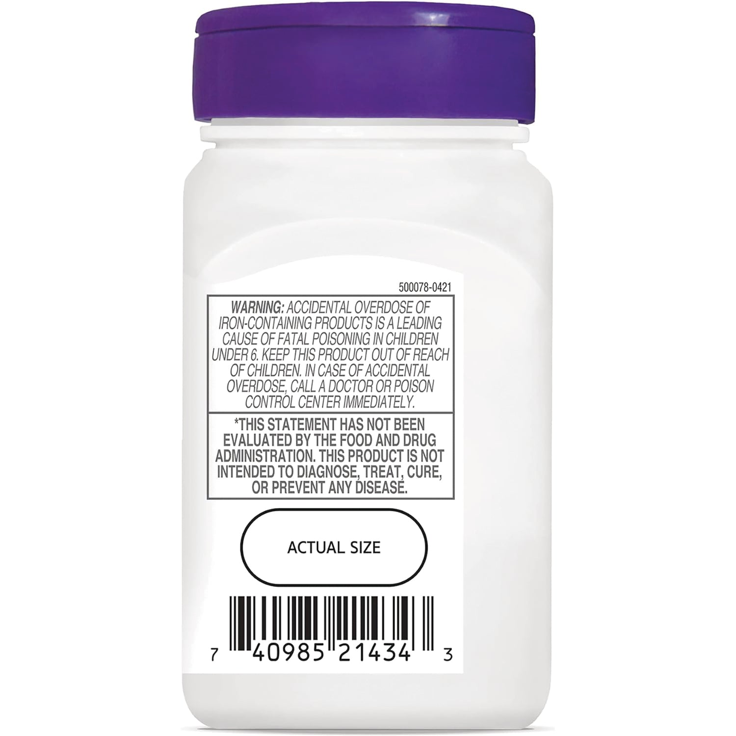CNT081 | back label of white supplement bottle with warning text, actual size oval, and barcode