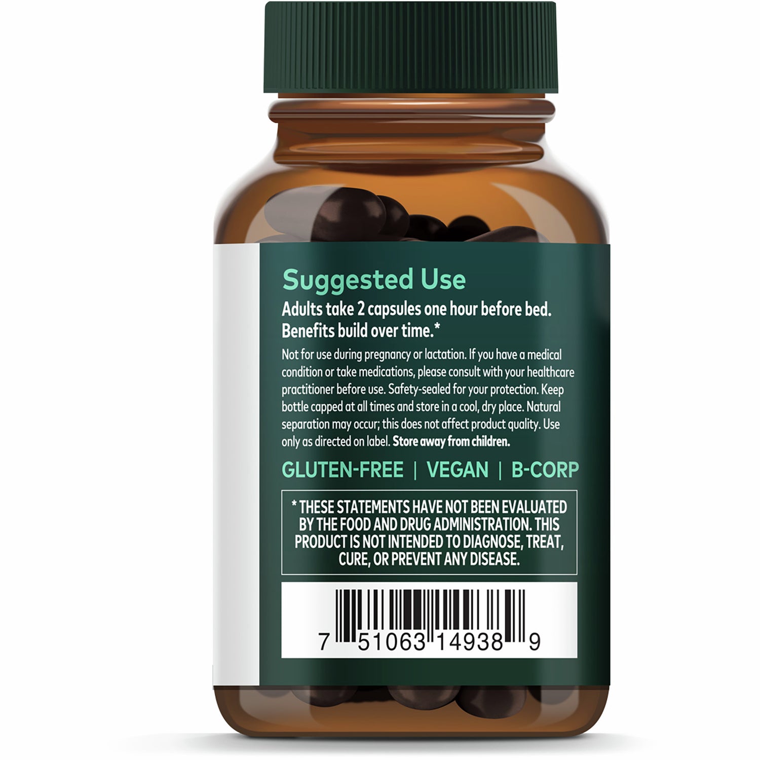 GH155 | Back label of brown supplement bottle with Suggested Use directions, gluten-free/vegan/B-Corp badges and barcode