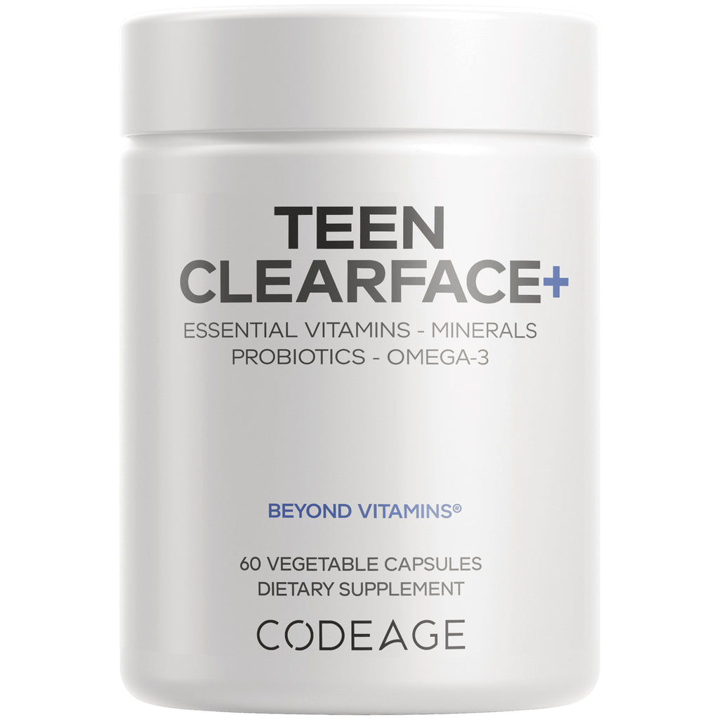 CDG063 | Front-facing white supplement jar labeled TEEN CLEARFACE+ BEYOND VITAMINS CODEAGE - Thumbnail
