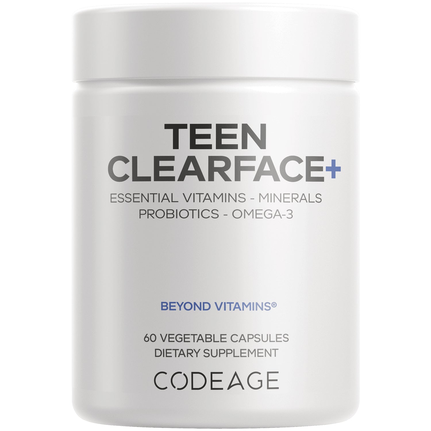 CDG063 | Front-facing white supplement jar labeled TEEN CLEARFACE+ BEYOND VITAMINS CODEAGE