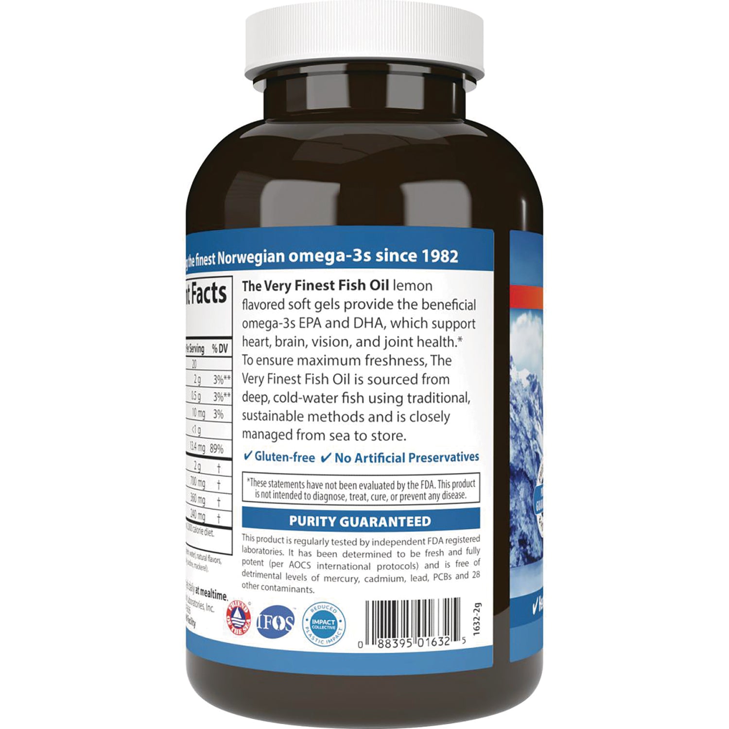 CSN149 | Back label of fish oil bottle showing product description, purity guaranteed badge and supplement facts