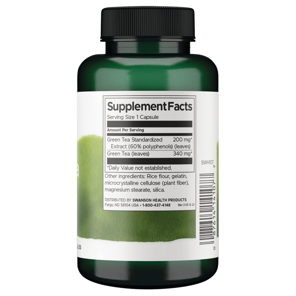 SWH107 | Back label with Supplement Facts for green tea standardized extract, serving size 1 capsule - Thumbnail