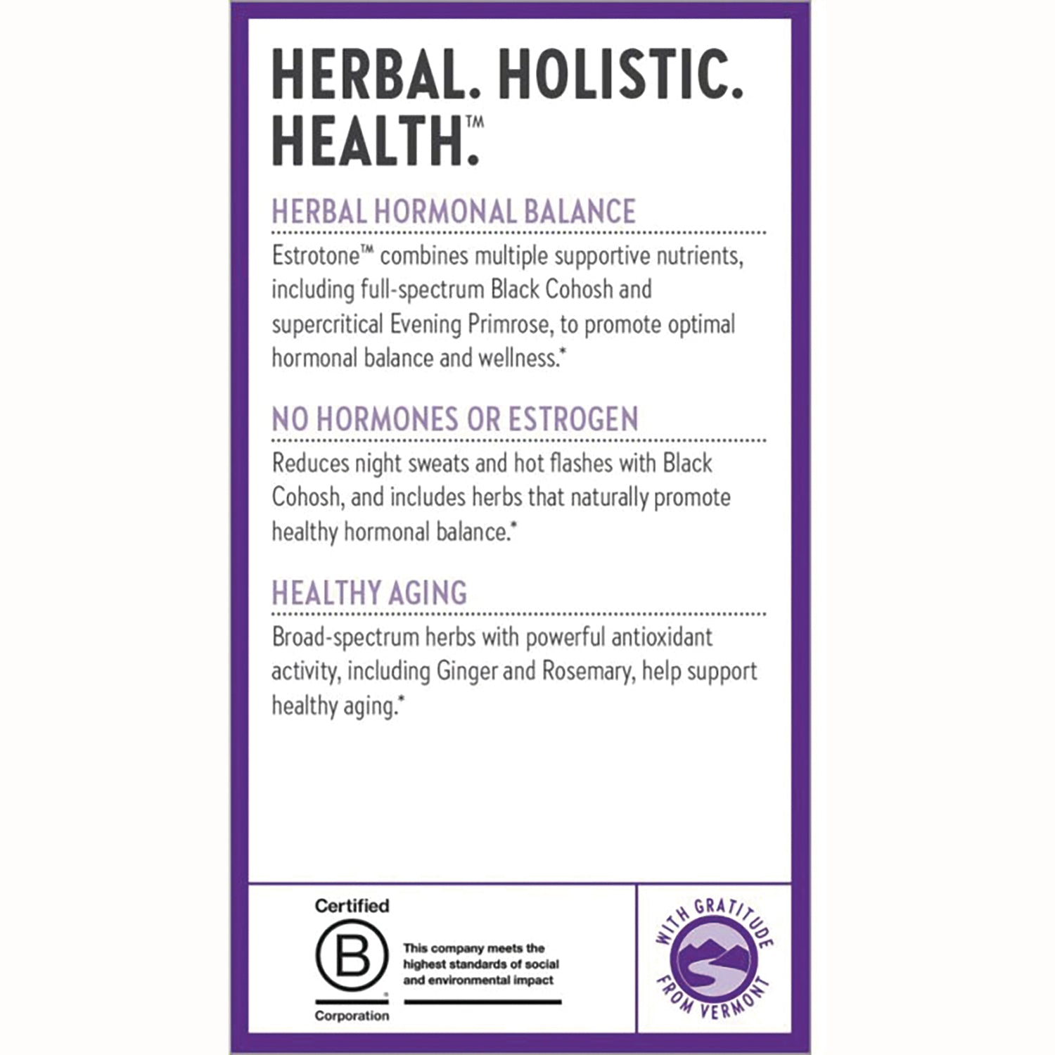 NWC297 | product infographic: herbal hormonal balance, no hormones or estrogen, healthy aging, certification logos
