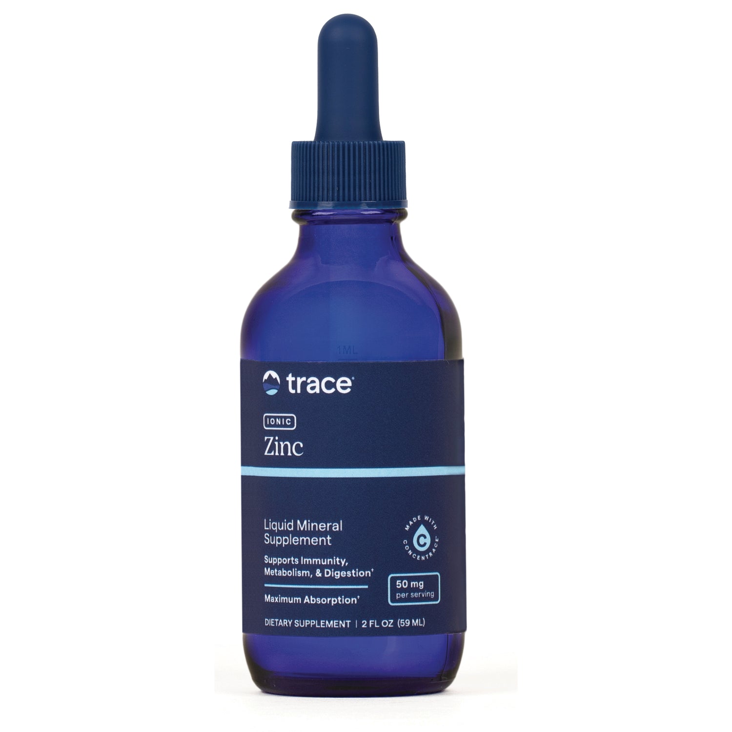 TM027 | Trace Ionic Zinc liquid mineral supplement in blue 2 fl oz dropper bottle, 50 mg per serving