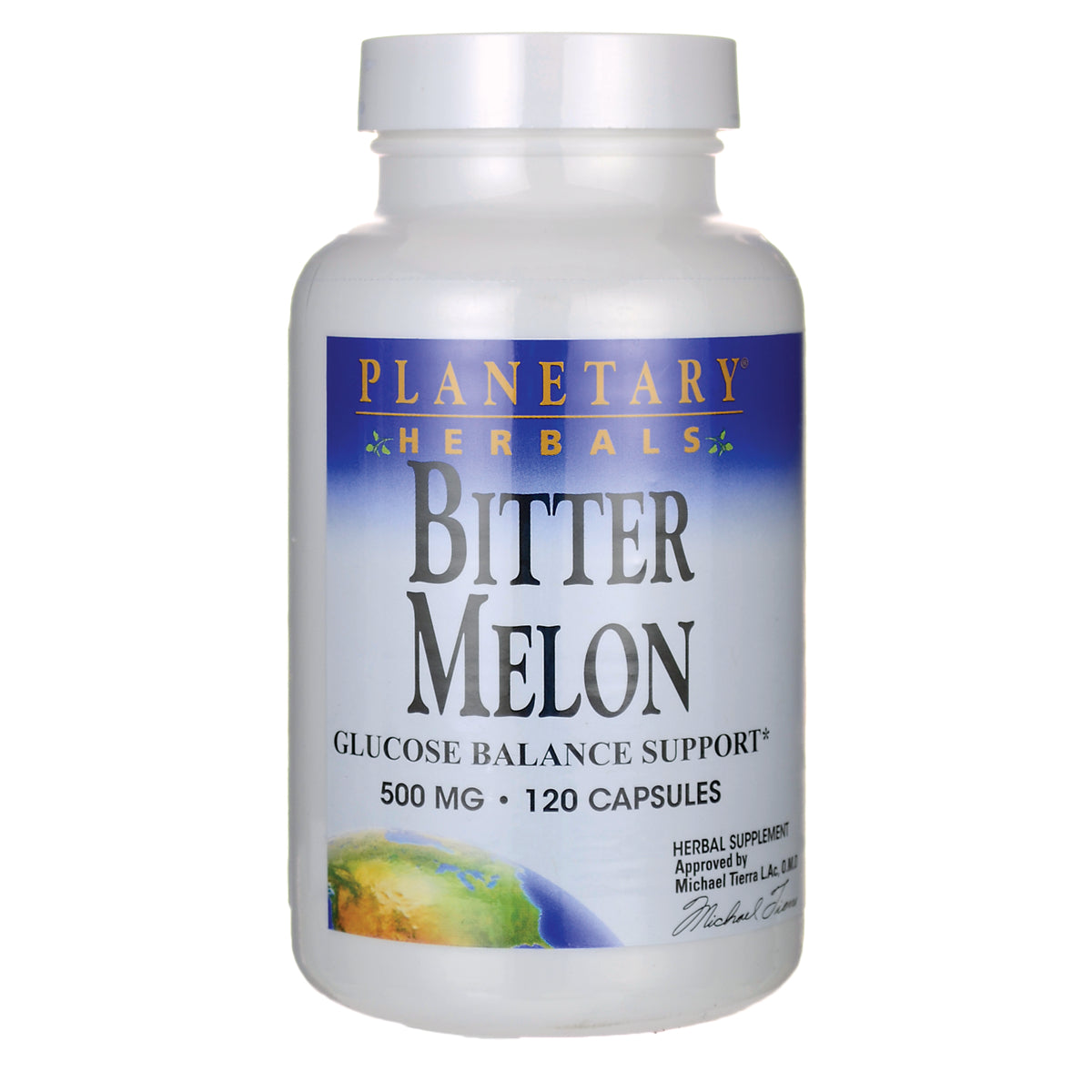 PF233 | Planetary Herbals Bitter Melon bottle labeled 500 MG 120 CAPSULES for glucose balance support