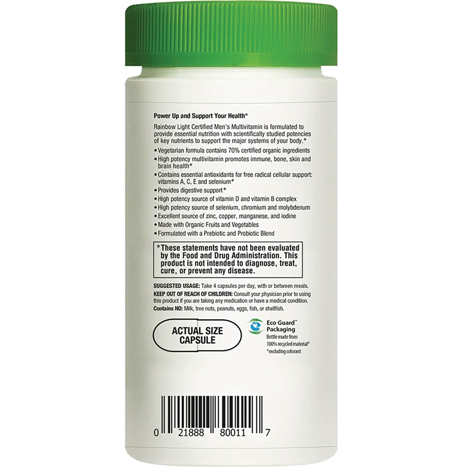 RBL048 | back label of supplement bottle showing usage directions, warnings, actual size capsule graphic and barcode