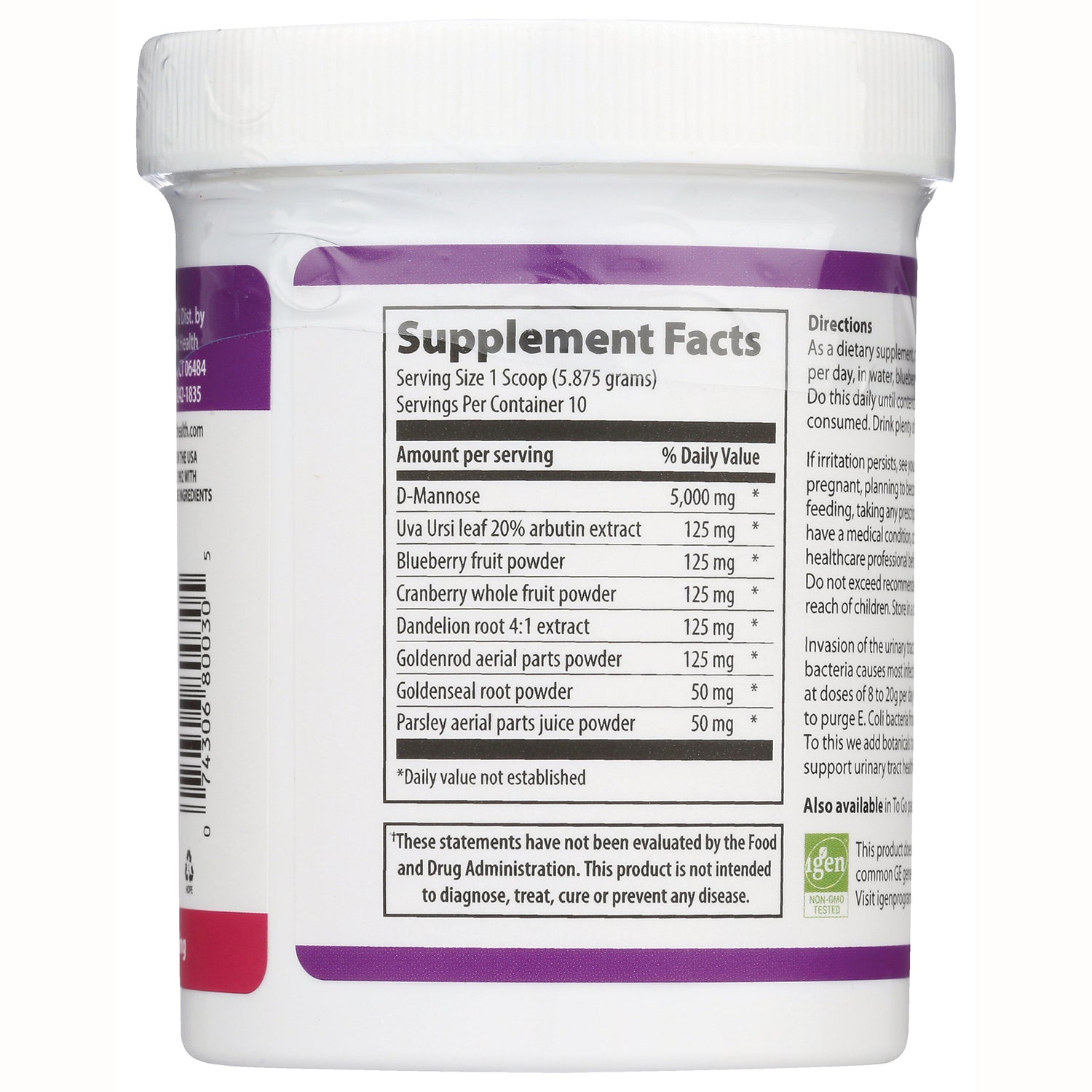 VH022 | Back label Supplement Facts for powder supplement jar, ingredients including D-Mannose 5,000 mg