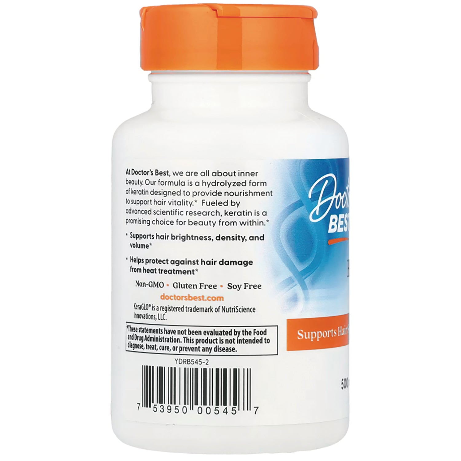 DB280 | Back label of white supplement bottle showing product claims, small ingredient text, and barcode