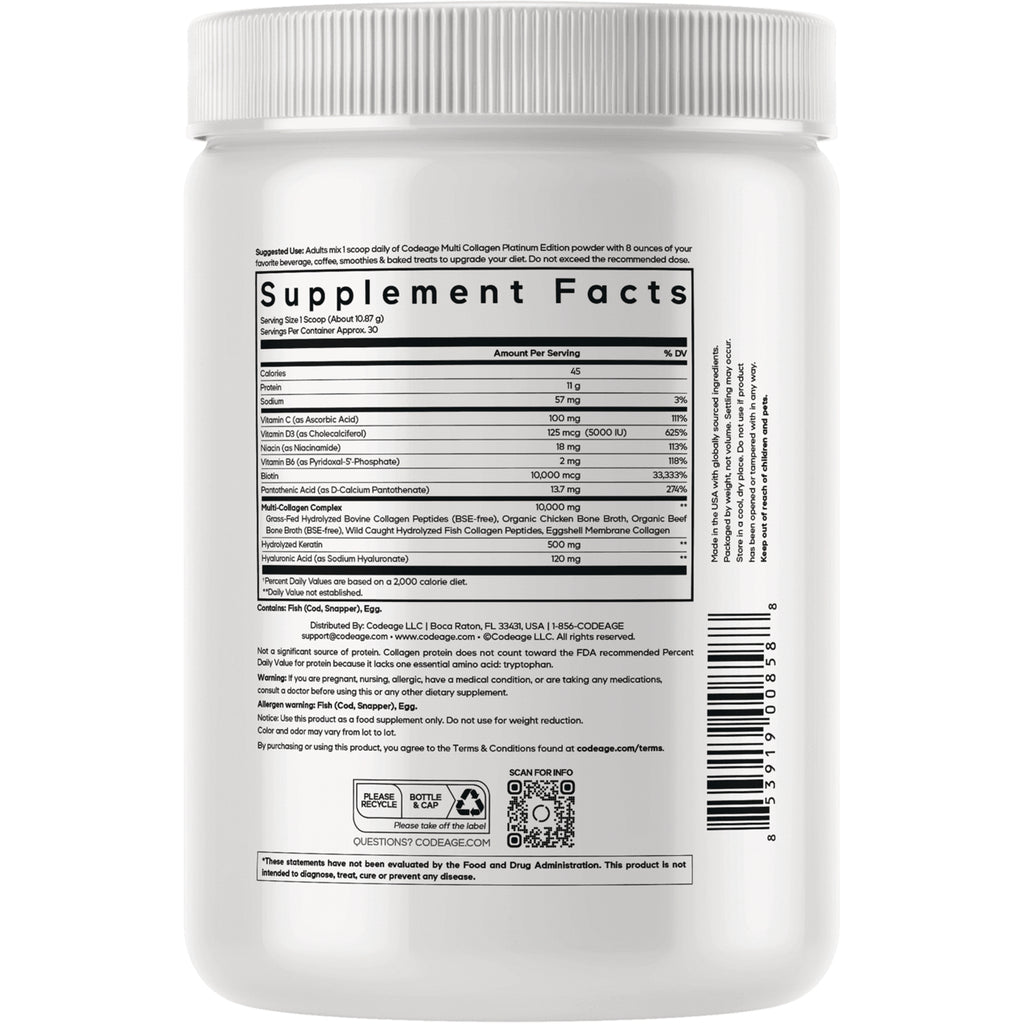 Back label with Supplement Facts panel, ingredient and nutrition details and barcode on white supplement jar - Thumbnail
