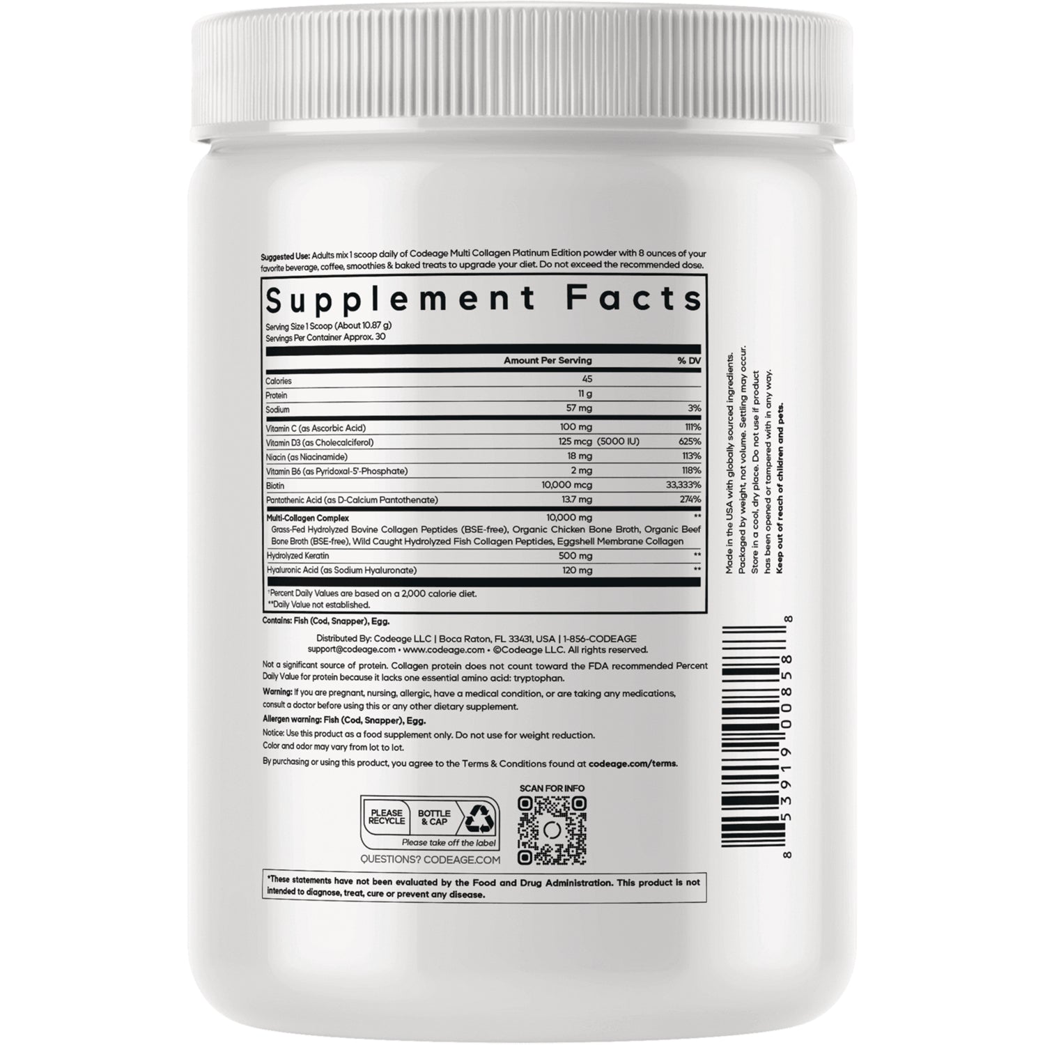 Back label with Supplement Facts panel, ingredient and nutrition details and barcode on white supplement jar