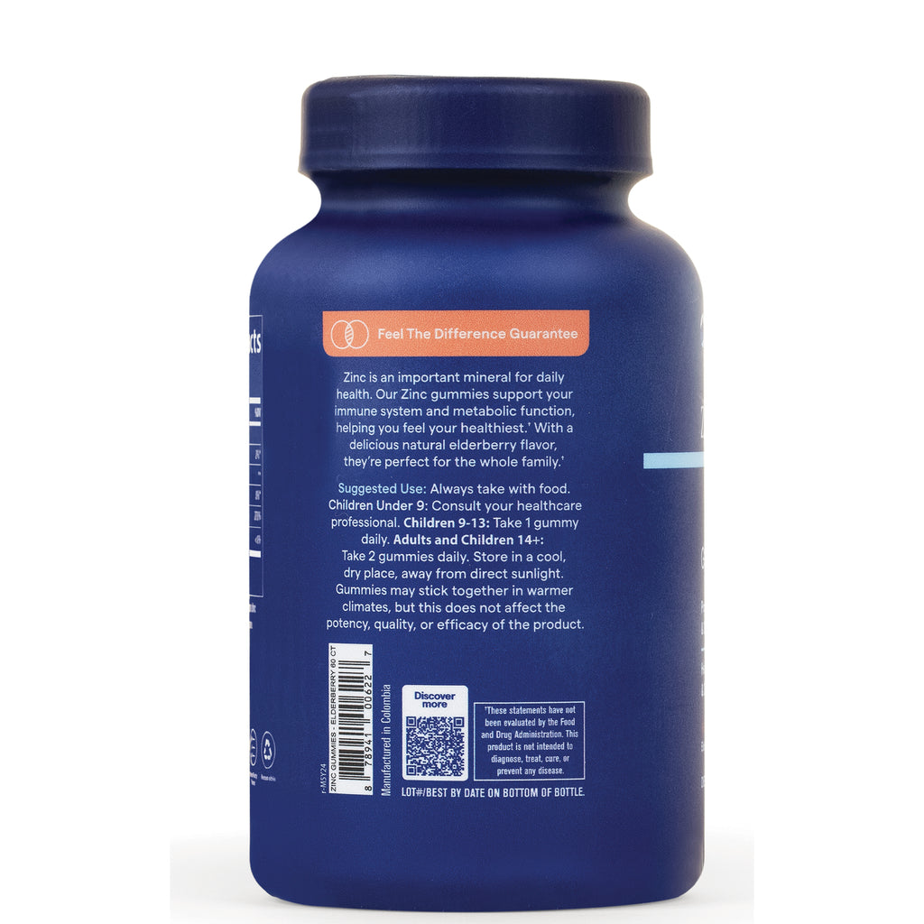 TM115 | Back label of zinc gummies bottle with usage directions, QR code, barcode, and guarantee box - Thumbnail