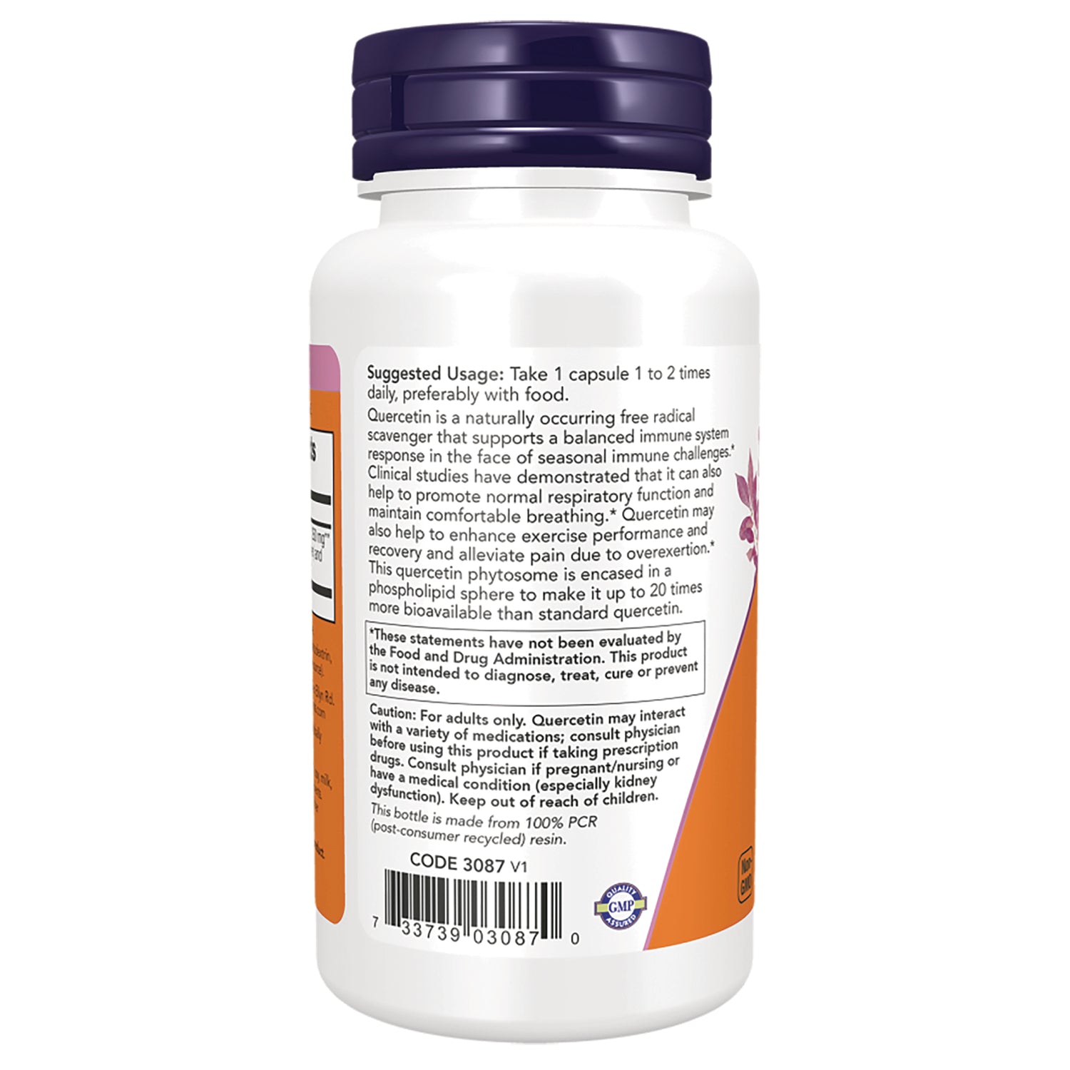 NWF1395 | back label of white supplement bottle showing suggested usage, warnings and barcode