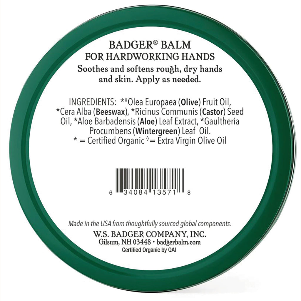 BAD008 | Back label of Badger Balm for Hardworking Hands showing ingredients list, barcode and company info - Thumbnail