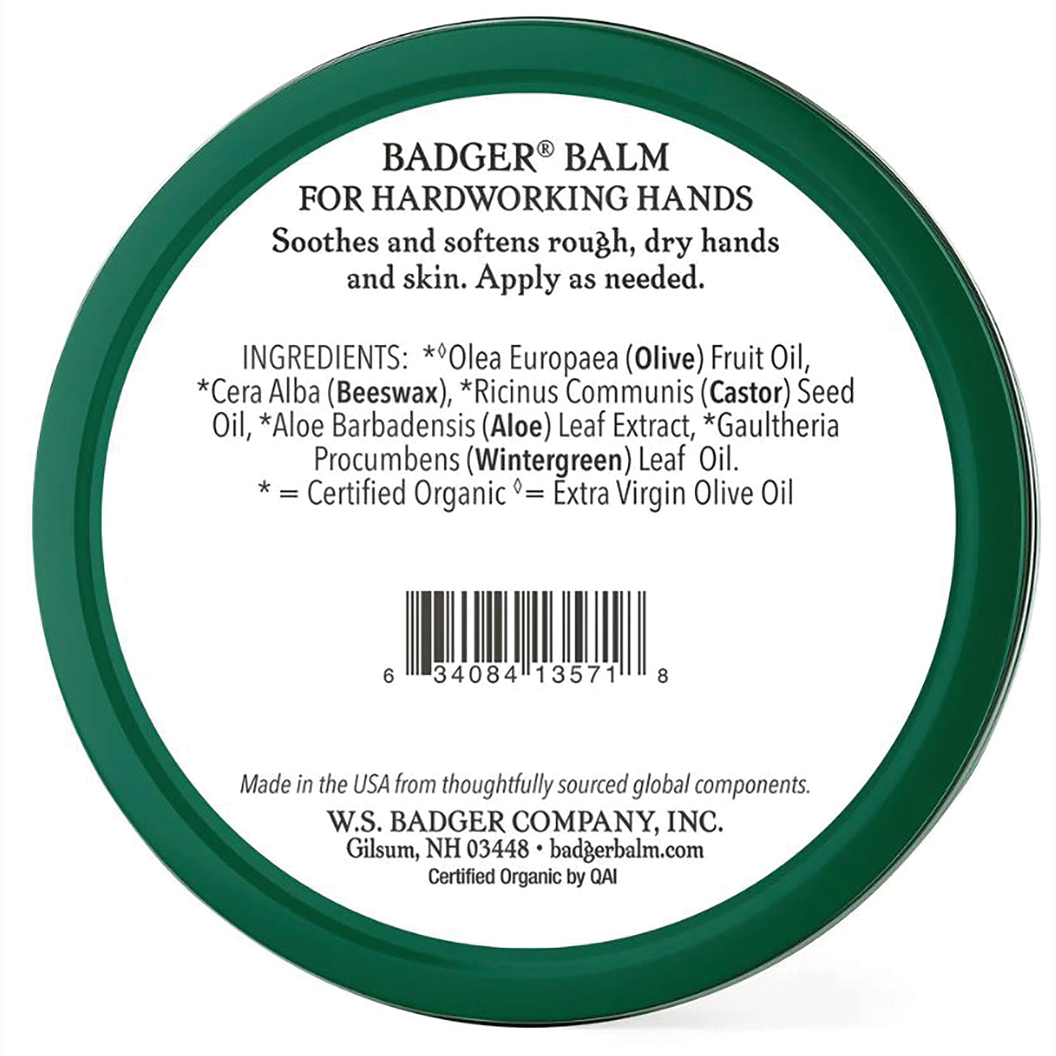 BAD008 | Back label of Badger Balm for Hardworking Hands showing ingredients list, barcode and company info